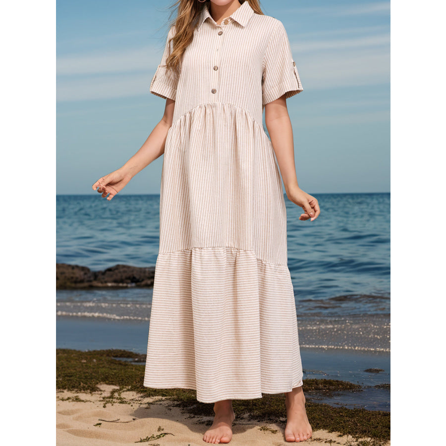 Striped Collared Neck Short Sleeve Dress Tan / S Apparel and Accessories