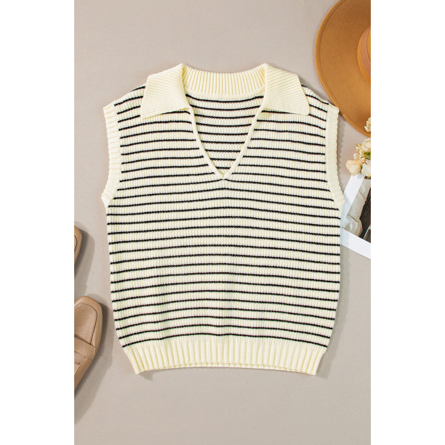 Striped Collared Neck Tank Ivory / S Apparel and Accessories