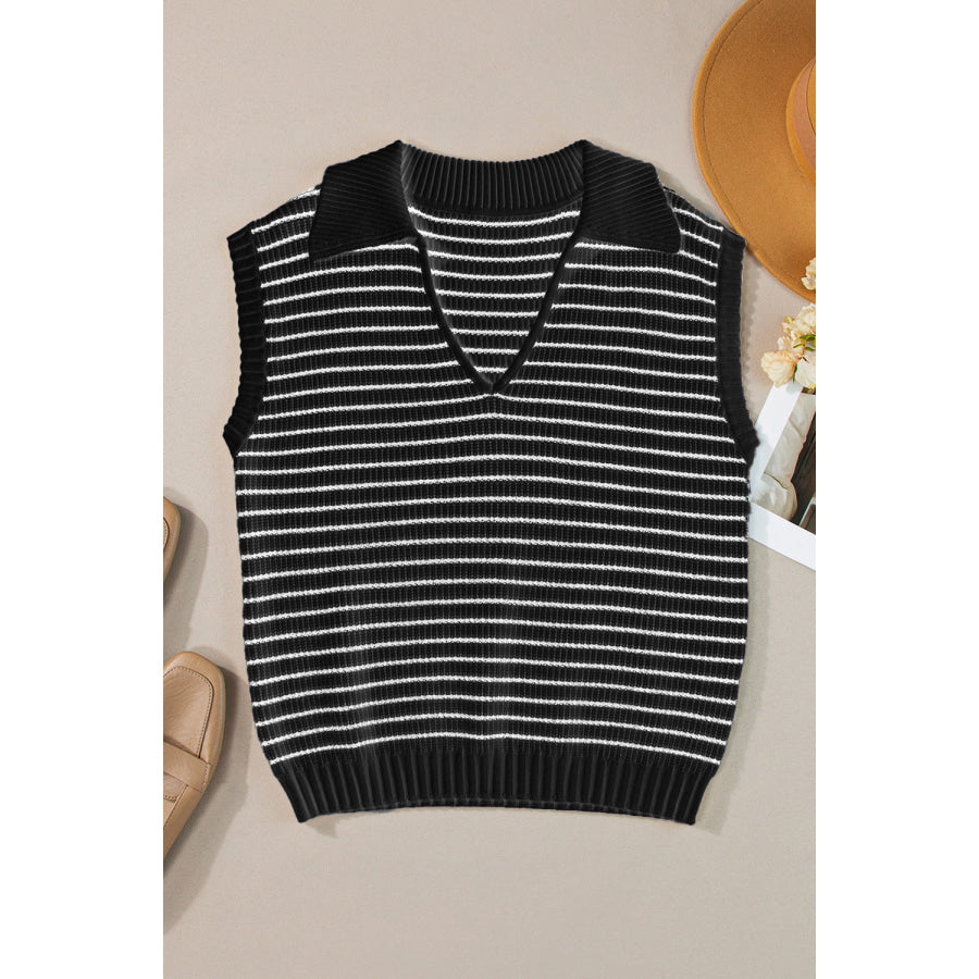 Striped Collared Neck Tank Black / S Apparel and Accessories