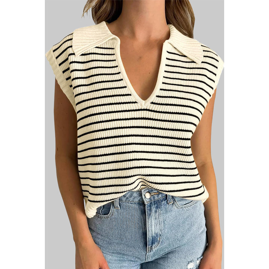 Striped Collared Neck Tank Ivory / S Apparel and Accessories