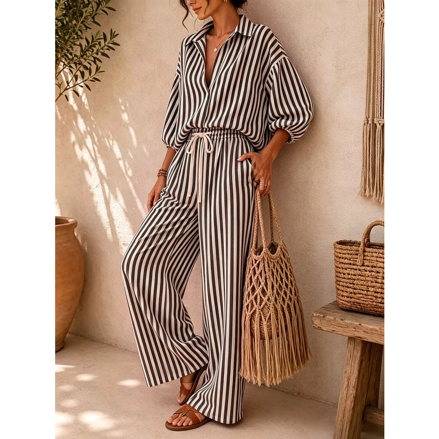 Striped Collared Shirt and Wide-Leg Drawstring Pants Set Apparel and Accessories