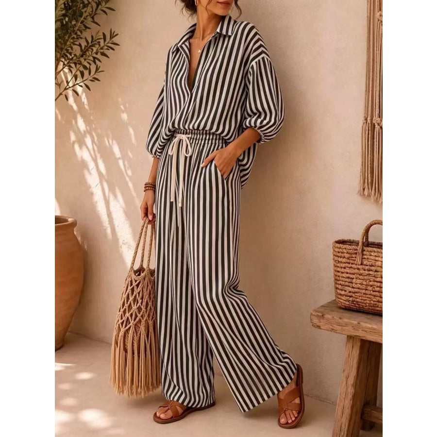 Striped Collared Shirt and Wide-Leg Drawstring Pants Set Black / S Apparel and Accessories
