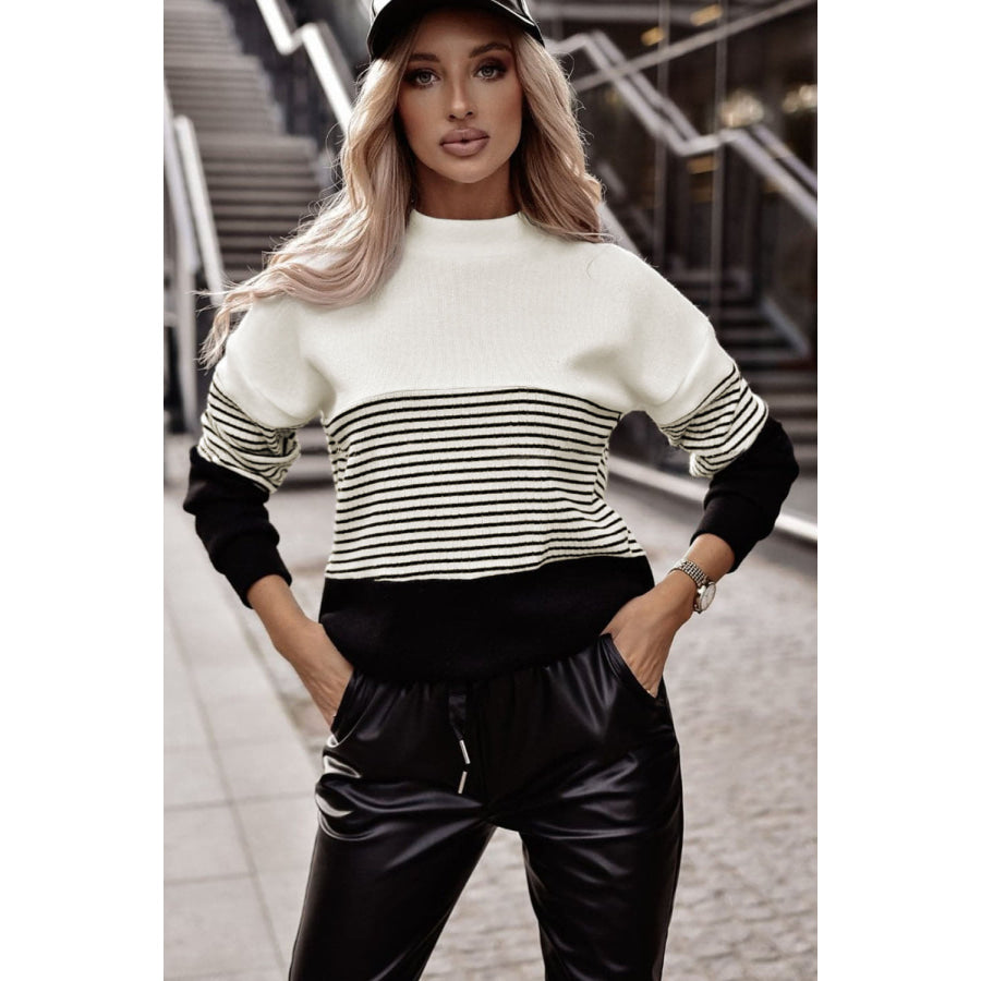 Striped Color Block Long Sleeve Knit Top Apparel and Accessories