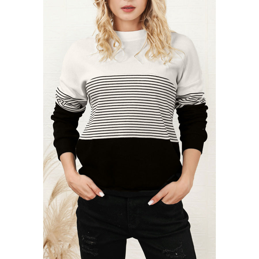 Striped Color Block Long Sleeve Knit Top Apparel and Accessories