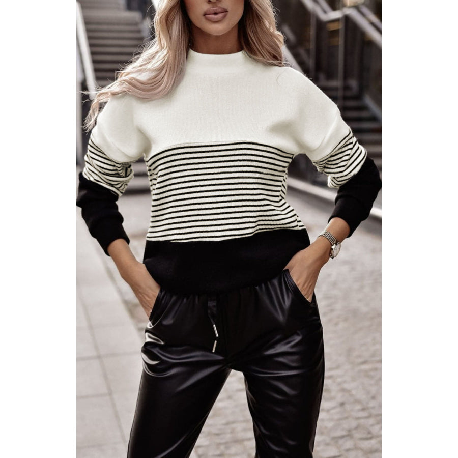 Striped Color Block Long Sleeve Knit Top Black / M Apparel and Accessories