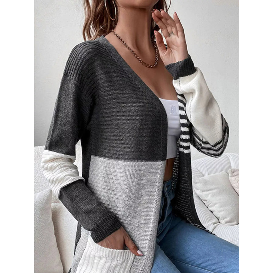 Striped Color Block Open Front Cardigan Apparel and Accessories