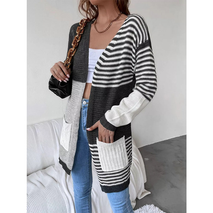 Striped Color Block Open Front Cardigan Apparel and Accessories