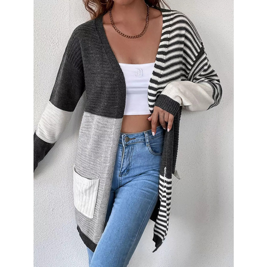 Striped Color Block Open Front Cardigan Apparel and Accessories