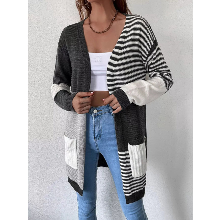 Striped Color Block Open Front Cardigan Dark Gray / S Apparel and Accessories