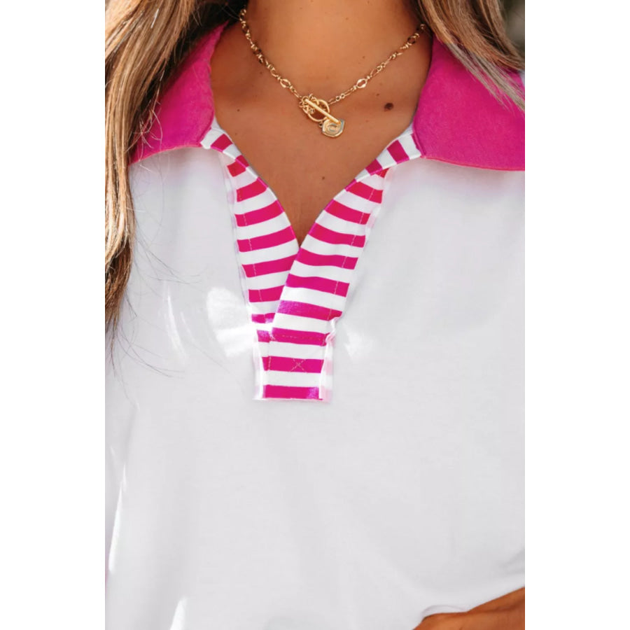 Striped Color Block Patchwork Polo Collar Half Sleeve T Shirt Apparel and Accessories