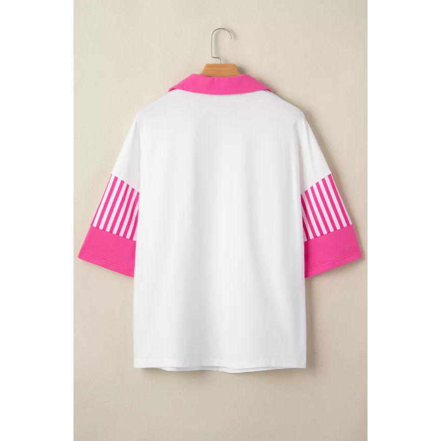 Striped Color Block Patchwork Polo Collar Half Sleeve T Shirt Apparel and Accessories