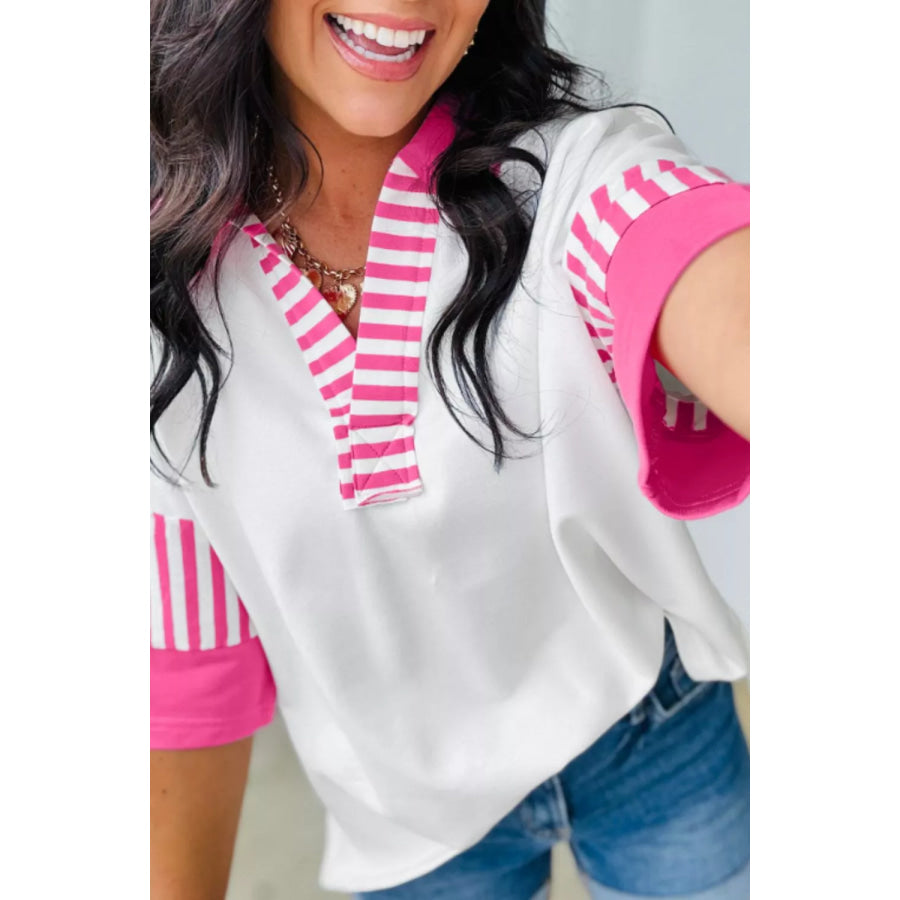 Striped Color Block Patchwork Polo Collar Half Sleeve T Shirt Apparel and Accessories