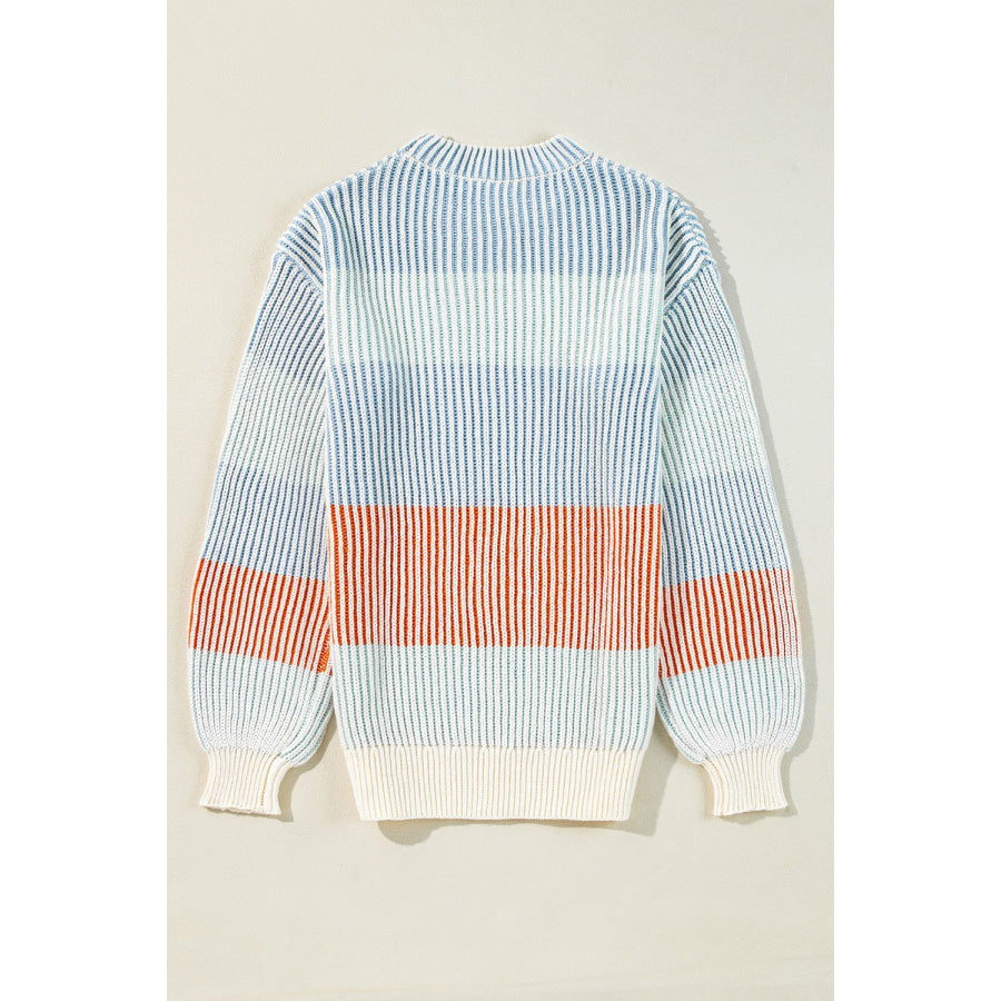 Striped Color Block Round Neck Long Sleeve Sweater Apparel and Accessories