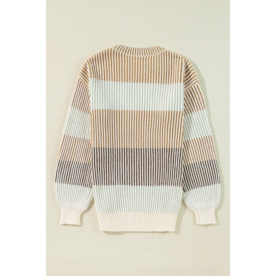Striped Color Block Round Neck Long Sleeve Sweater Apparel and Accessories