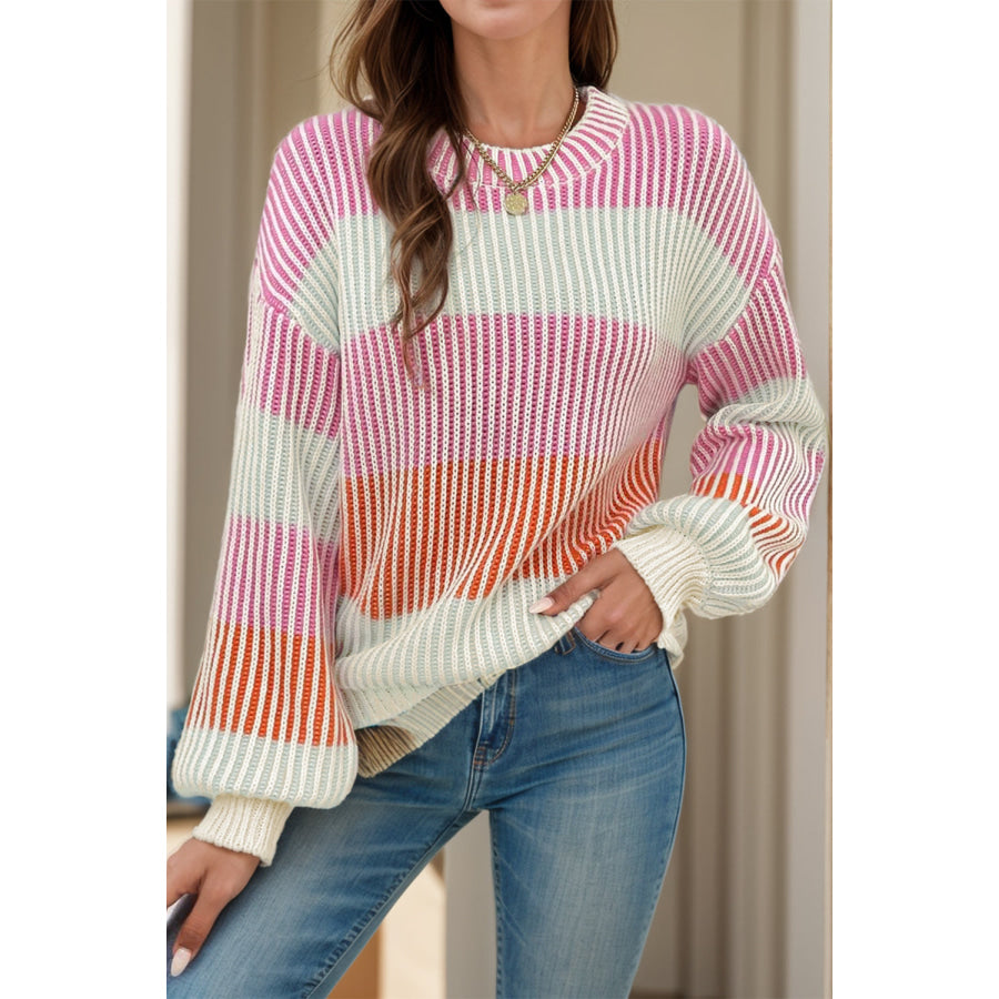 Striped Color Block Round Neck Long Sleeve Sweater Dusty Pink / S Apparel and Accessories