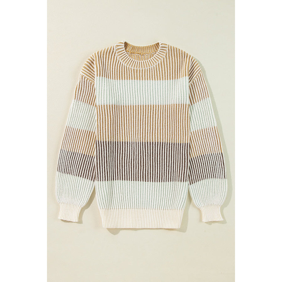 Striped Color Block Round Neck Long Sleeve Sweater Tan / S Apparel and Accessories