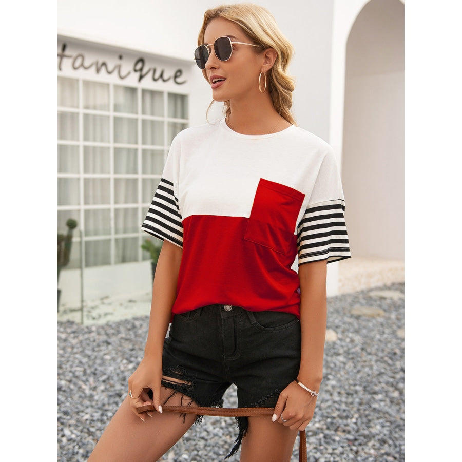 Striped Color Block Round Neck Tee Deep Red / S