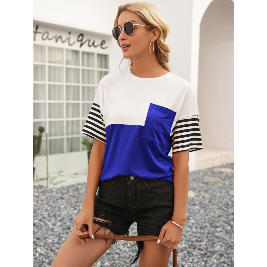 Striped Color Block Round Neck Tee Royal Blue / S