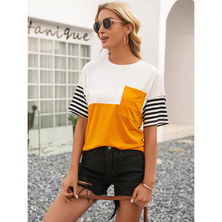 Striped Color Block Round Neck Tee Tangerine / S