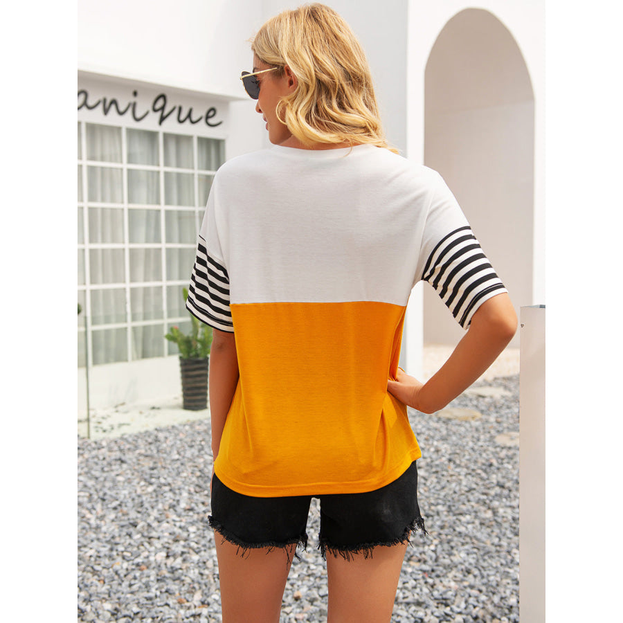 Striped Color Block Round Neck Tee Tangerine / S