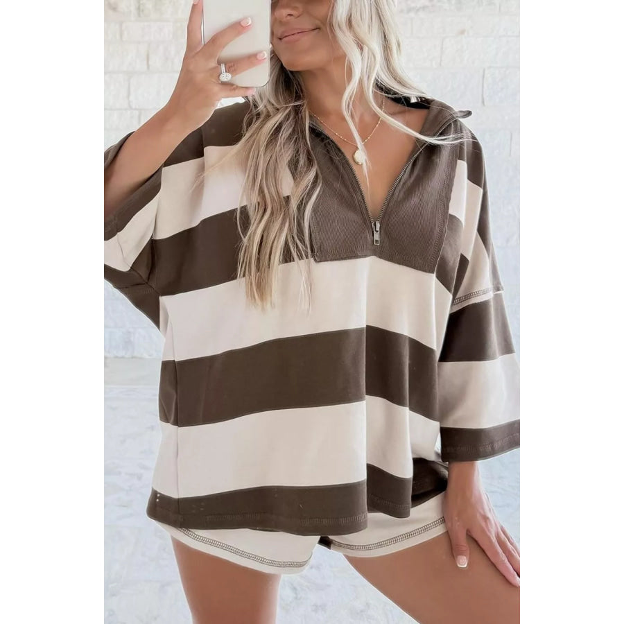Striped Color Block Zip Collar 3/4 Sleeve Oversize Sweatshirt Apparel and Accessories