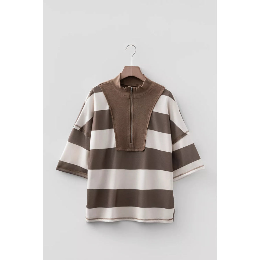 Striped Color Block Zip Collar 3/4 Sleeve Oversize Sweatshirt Apparel and Accessories
