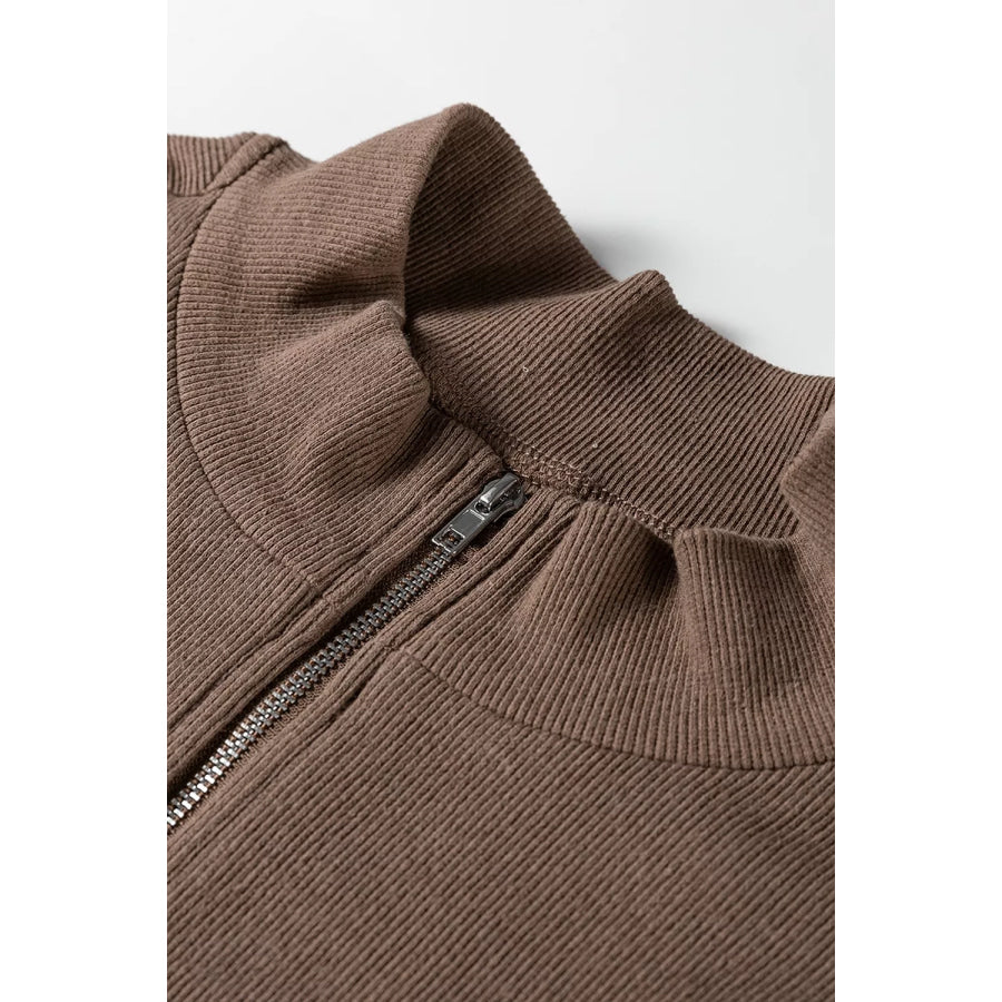 Striped Color Block Zip Collar 3/4 Sleeve Oversize Sweatshirt Apparel and Accessories