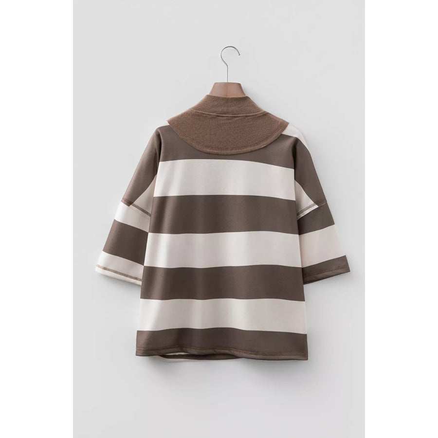 Striped Color Block Zip Collar 3/4 Sleeve Oversize Sweatshirt Apparel and Accessories