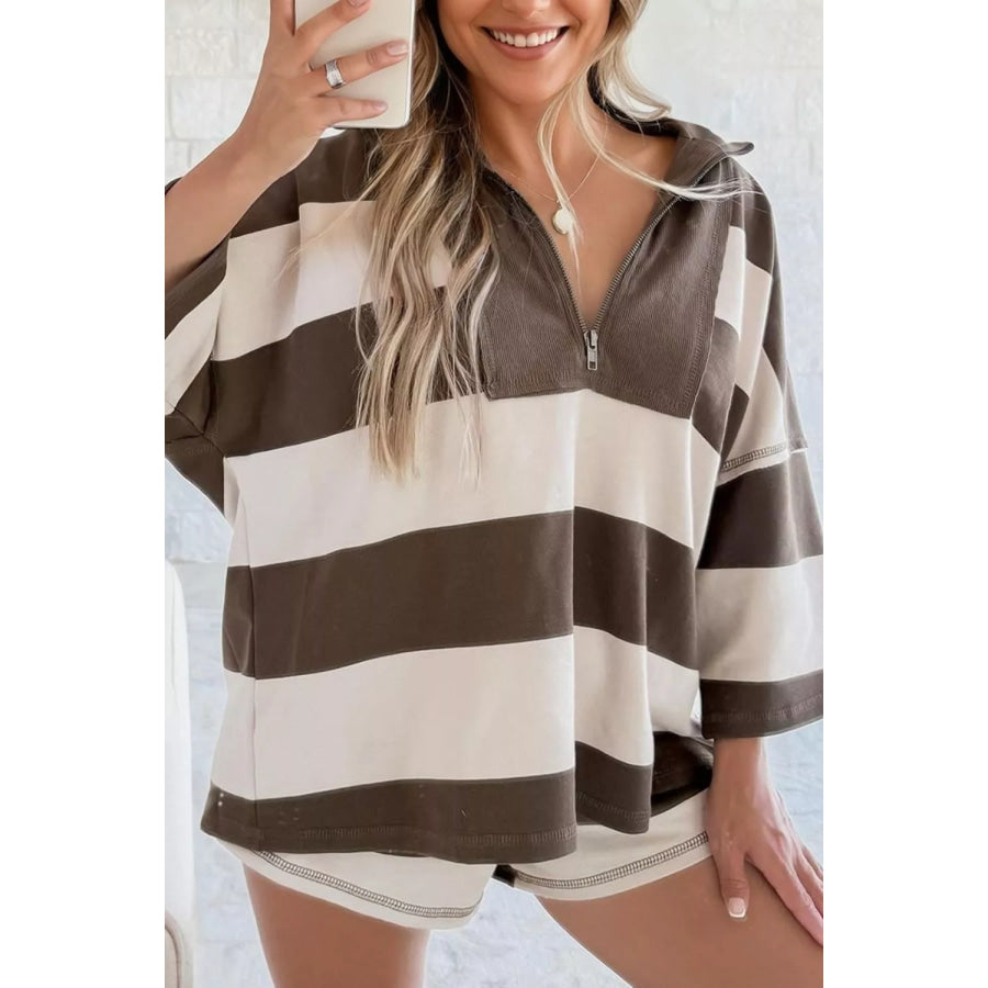 Striped Color Block Zip Collar 3/4 Sleeve Oversize Sweatshirt Coffee Brown / S Apparel and Accessories