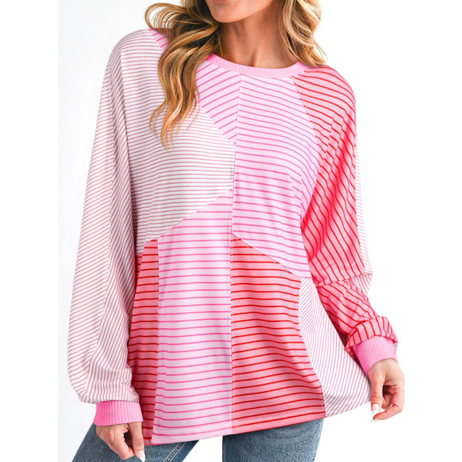 Striped Colorblock Exposed Seam Casual Long Sleeve Top Apparel and Accessories