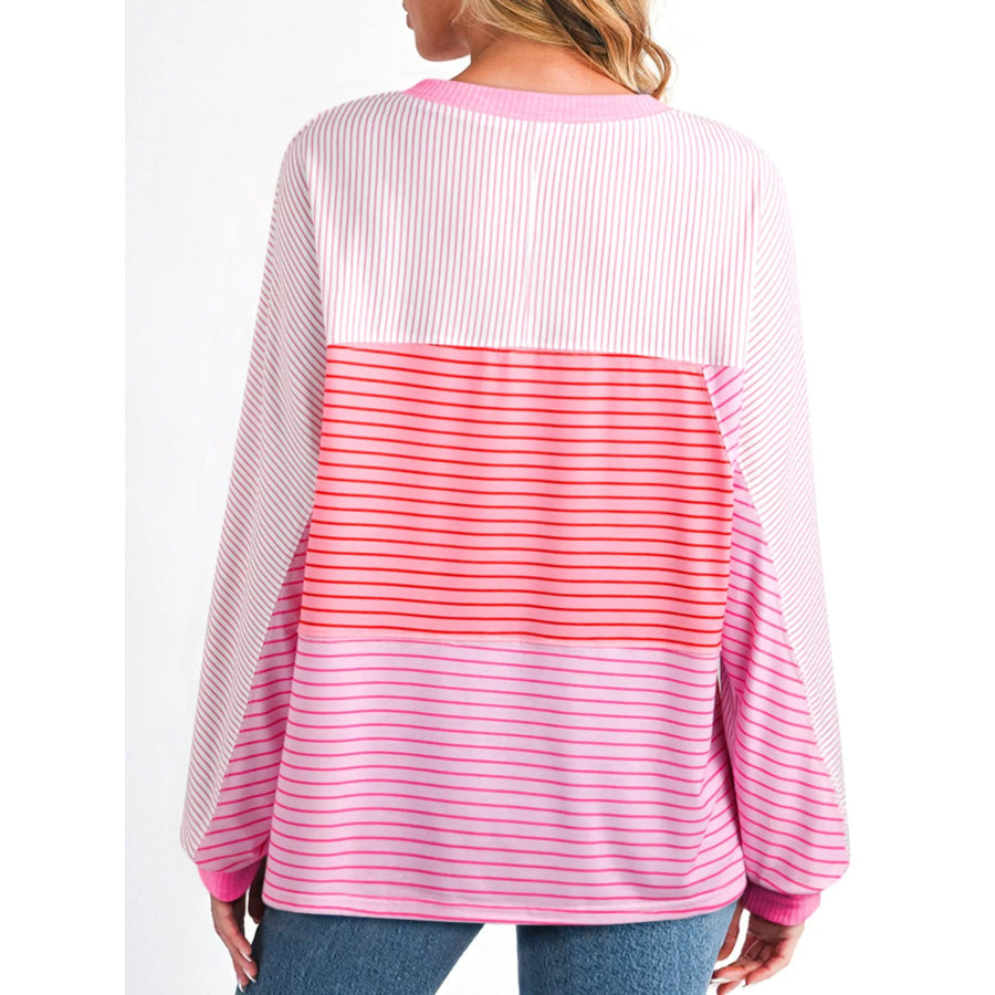 Striped Colorblock Exposed Seam Casual Long Sleeve Top Apparel and Accessories