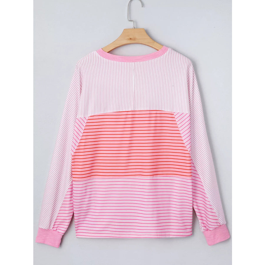 Striped Colorblock Exposed Seam Casual Long Sleeve Top Apparel and Accessories