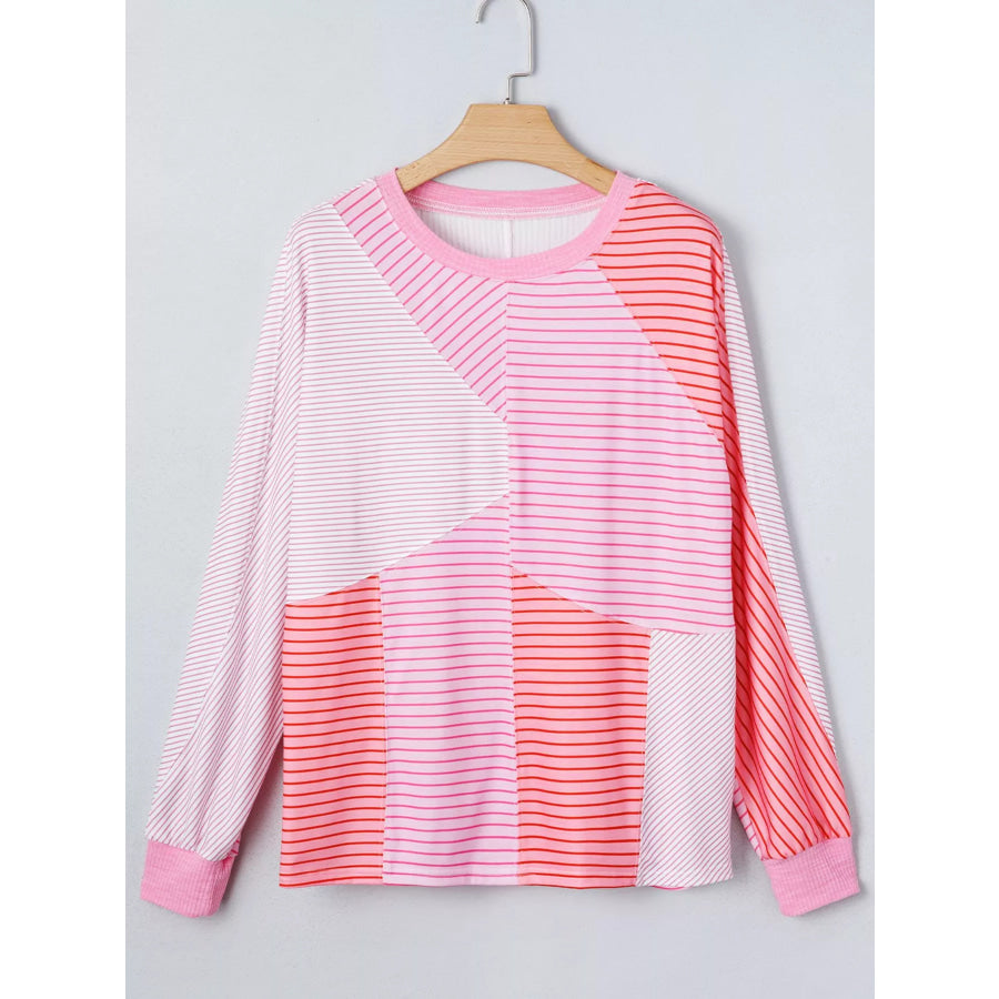 Striped Colorblock Exposed Seam Casual Long Sleeve Top Apparel and Accessories