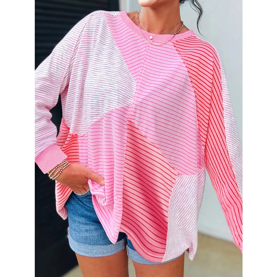 Striped Colorblock Exposed Seam Casual Long Sleeve Top Pink / S Apparel and Accessories