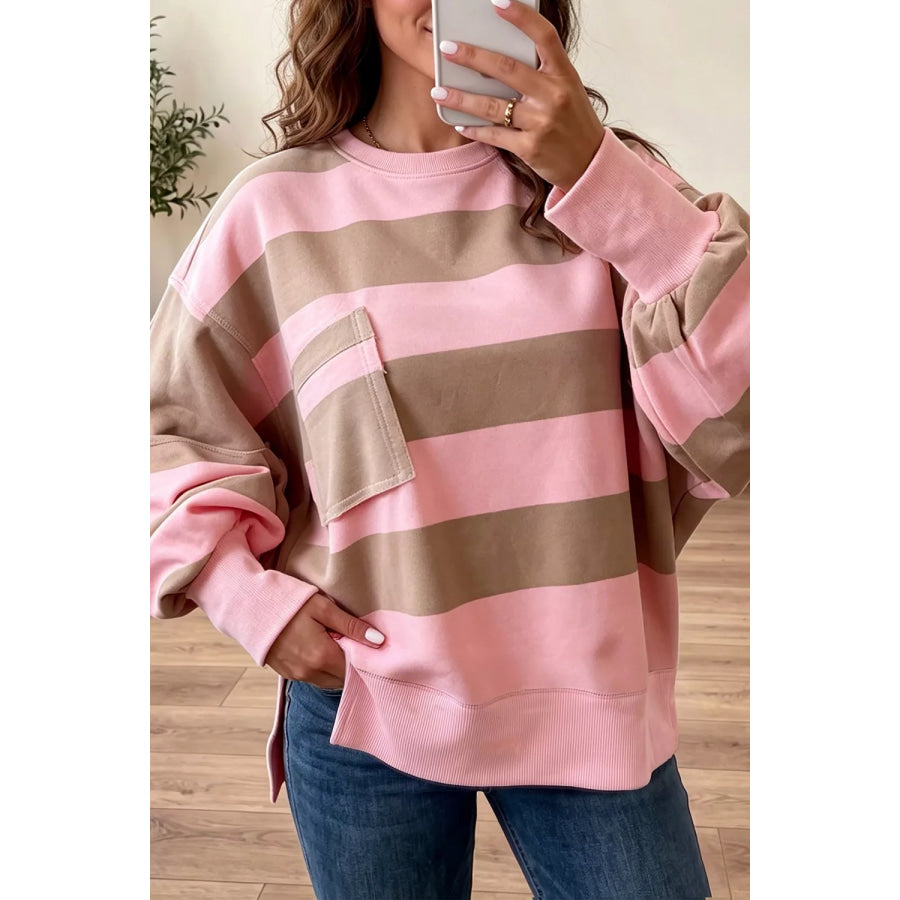 Striped Colorblock Patch Pocket Split Hem Oversized Long Sleeve Sweatshirt Dusty Pink / S Apparel and Accessories