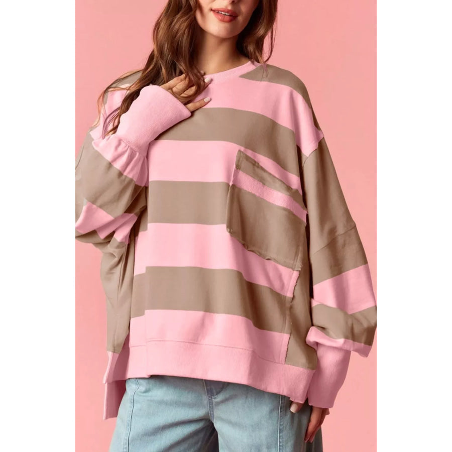 Striped Colorblock Patch Pocket Split Hem Oversized Long Sleeve Sweatshirt Dusty Pink / S Apparel and Accessories