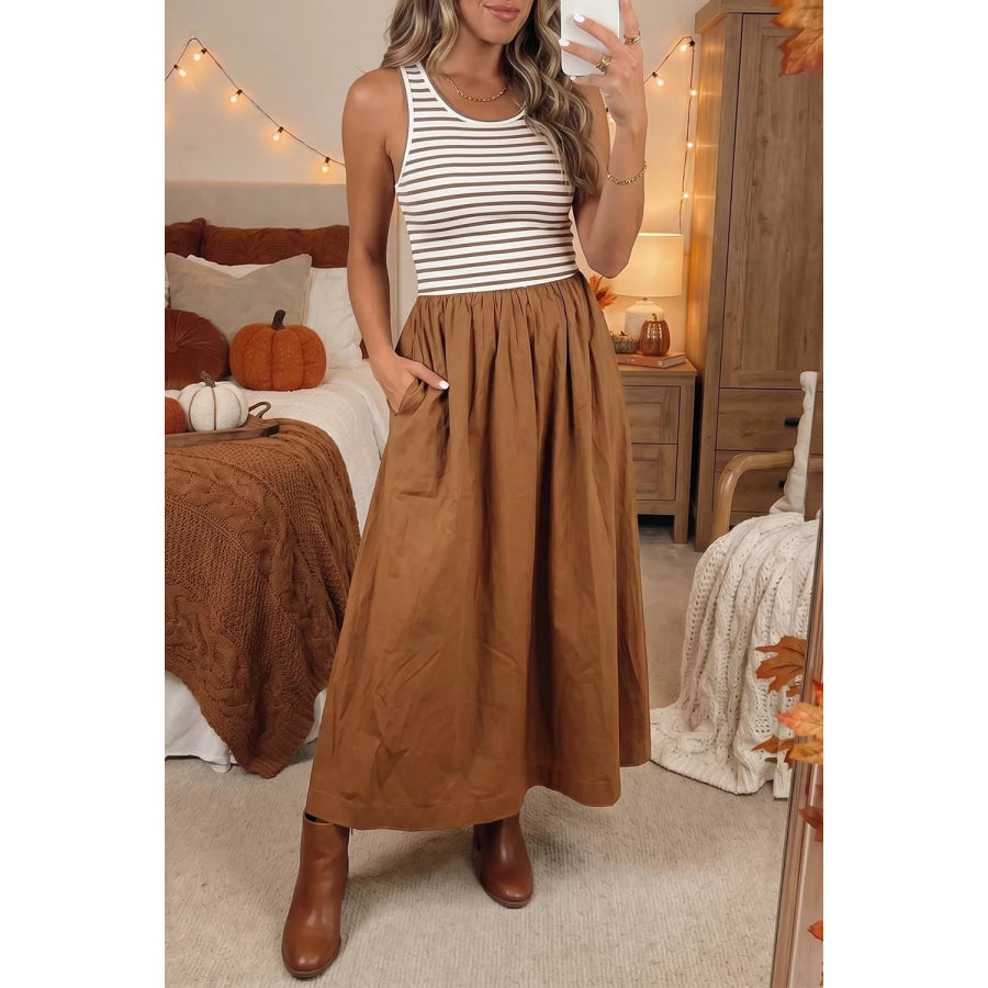 Striped Colorblock Patchwork Sleeveless Casual Long Dress Apparel and Accessories