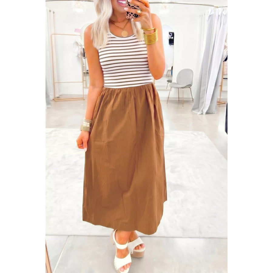 Striped Colorblock Patchwork Sleeveless Casual Long Dress Caramel / S Apparel and Accessories