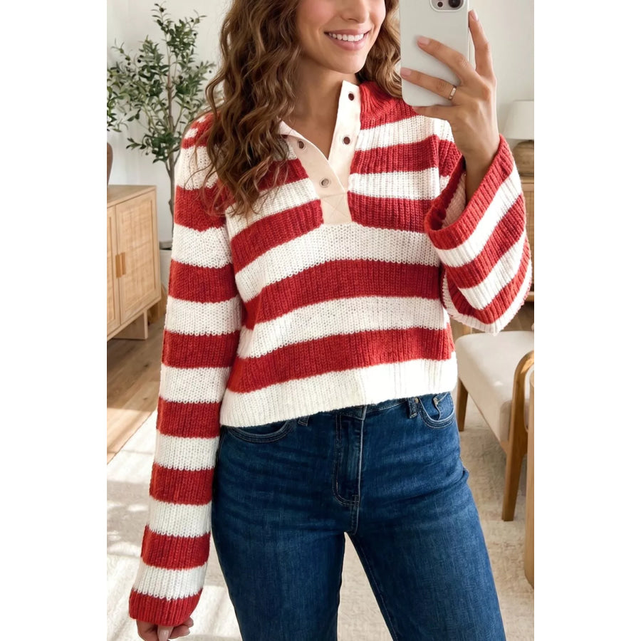 Striped Colorblock V Neck Long Sleeve Shift Sweater Deep Red / S Apparel and Accessories