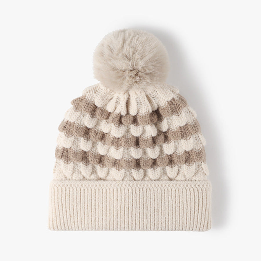 Striped Contrast Knit Hat with Pom-pom Beige / One Size Apparel and Accessories