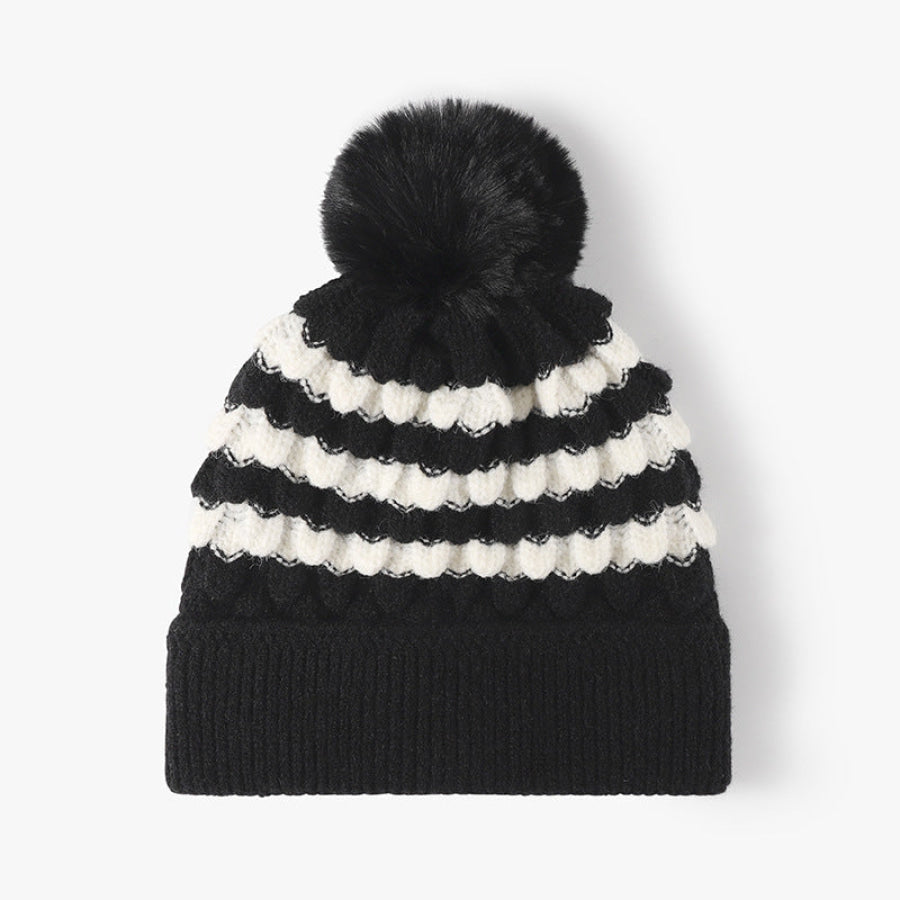 Striped Contrast Knit Hat with Pom-pom Black / One Size Apparel and Accessories