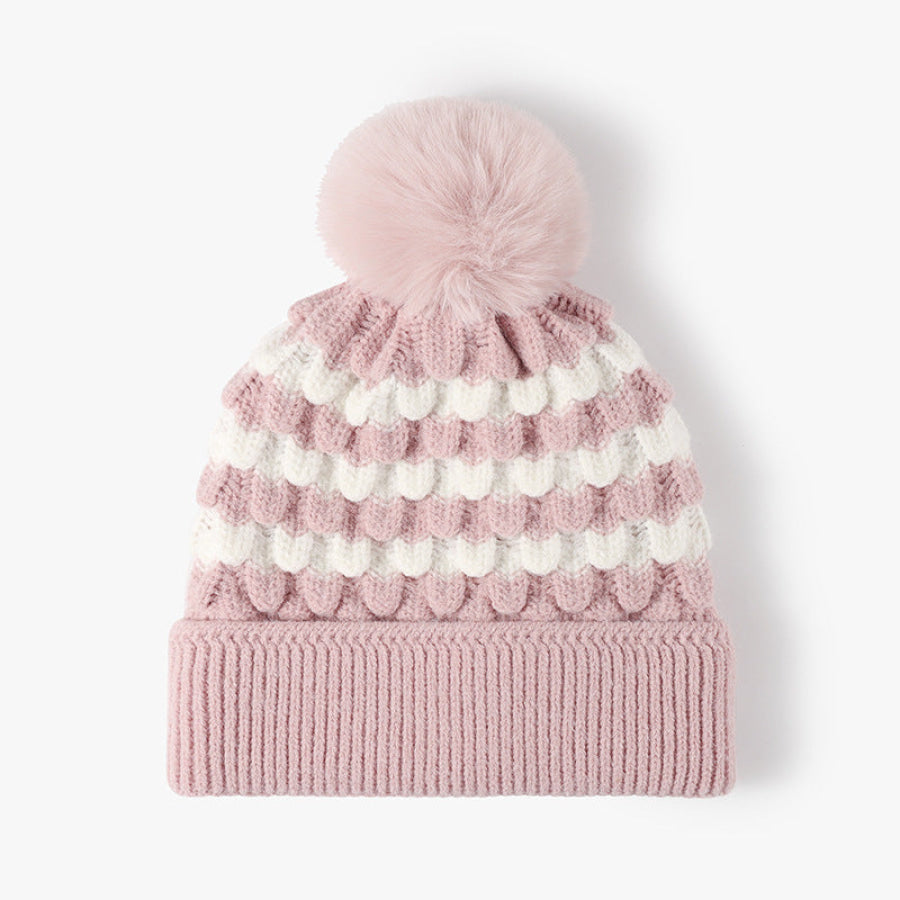 Striped Contrast Knit Hat with Pom-pom Blush Pink / One Size Apparel and Accessories