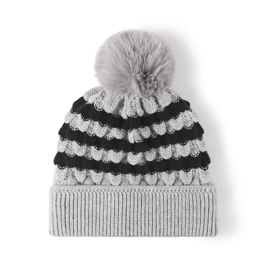 Striped Contrast Knit Hat with Pom-pom Gray / One Size Apparel and Accessories