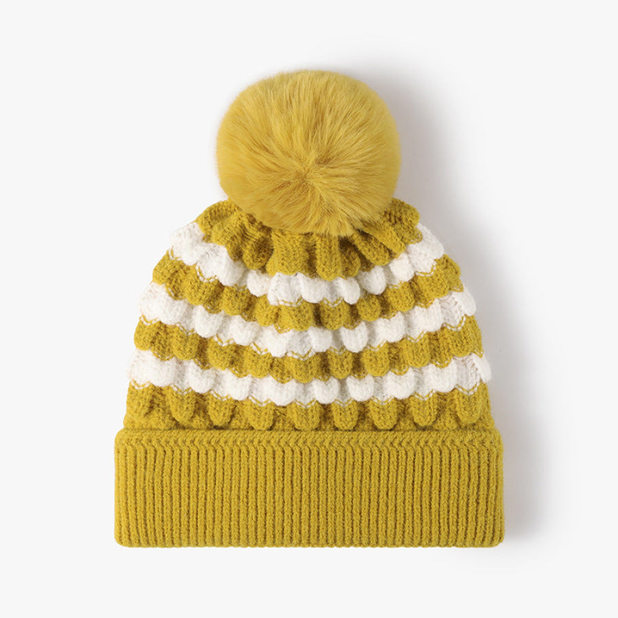 Striped Contrast Knit Hat with Pom-pom Yellow / One Size Apparel and Accessories