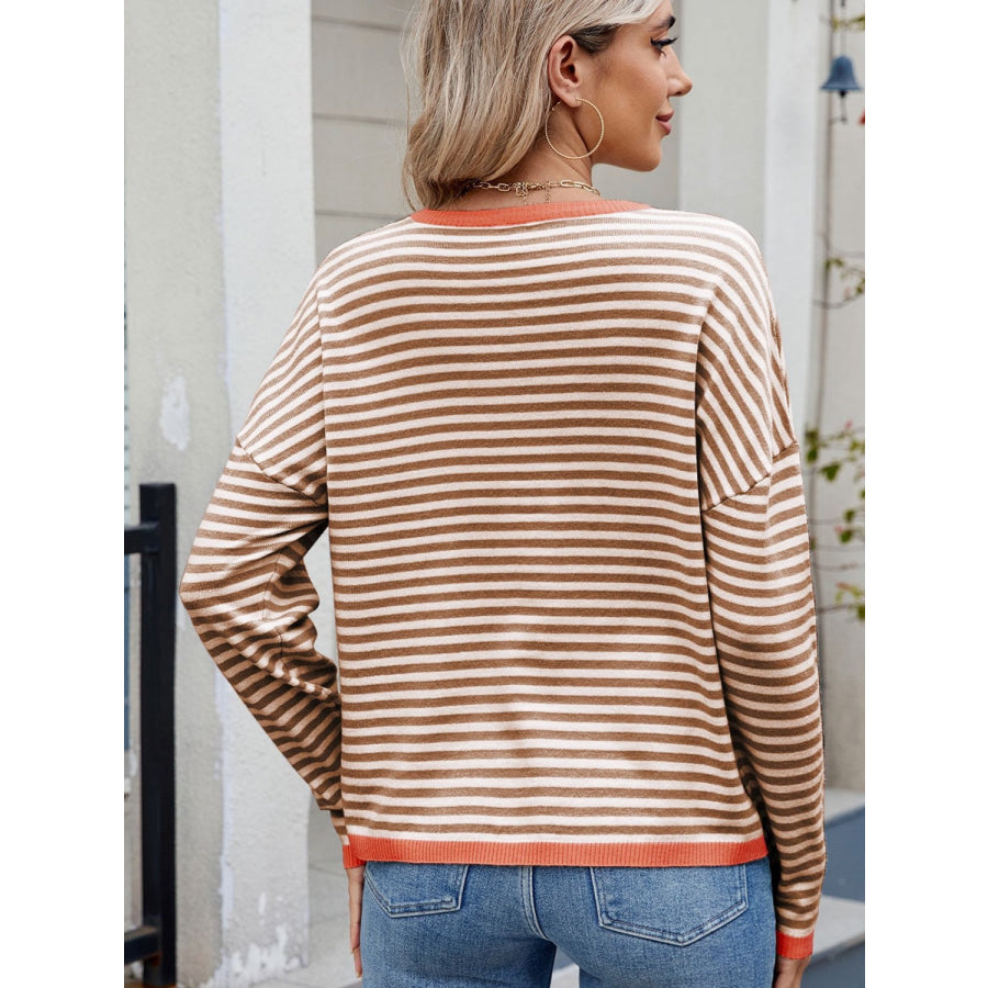Striped Contrast Round Neck Long Sleeve Sweater Apparel and Accessories