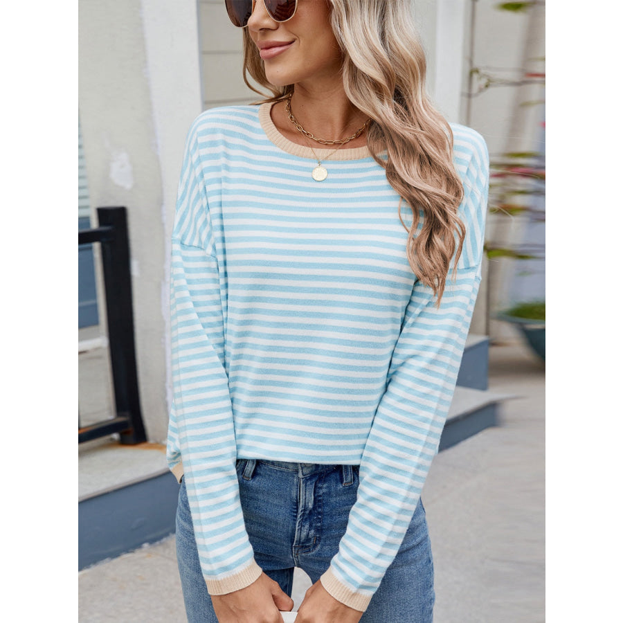 Striped Contrast Round Neck Long Sleeve Sweater Apparel and Accessories