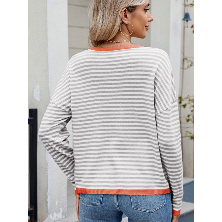 Striped Contrast Round Neck Long Sleeve Sweater Apparel and Accessories