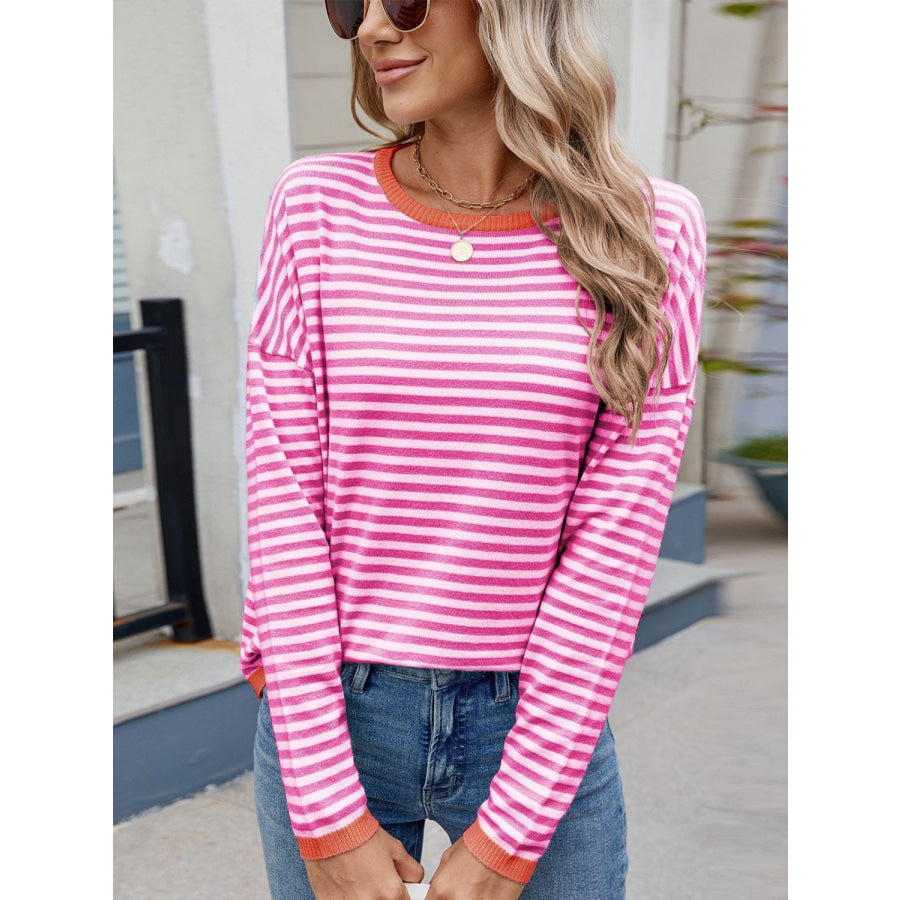 Striped Contrast Round Neck Long Sleeve Sweater Apparel and Accessories