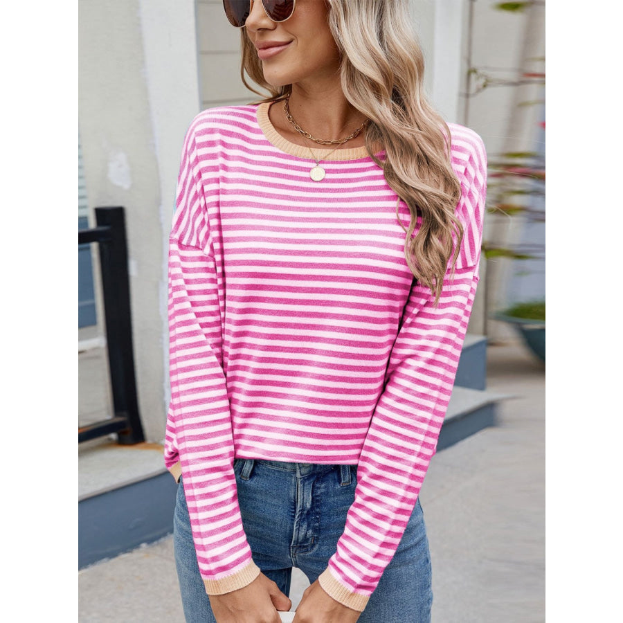 Striped Contrast Round Neck Long Sleeve Sweater Apparel and Accessories