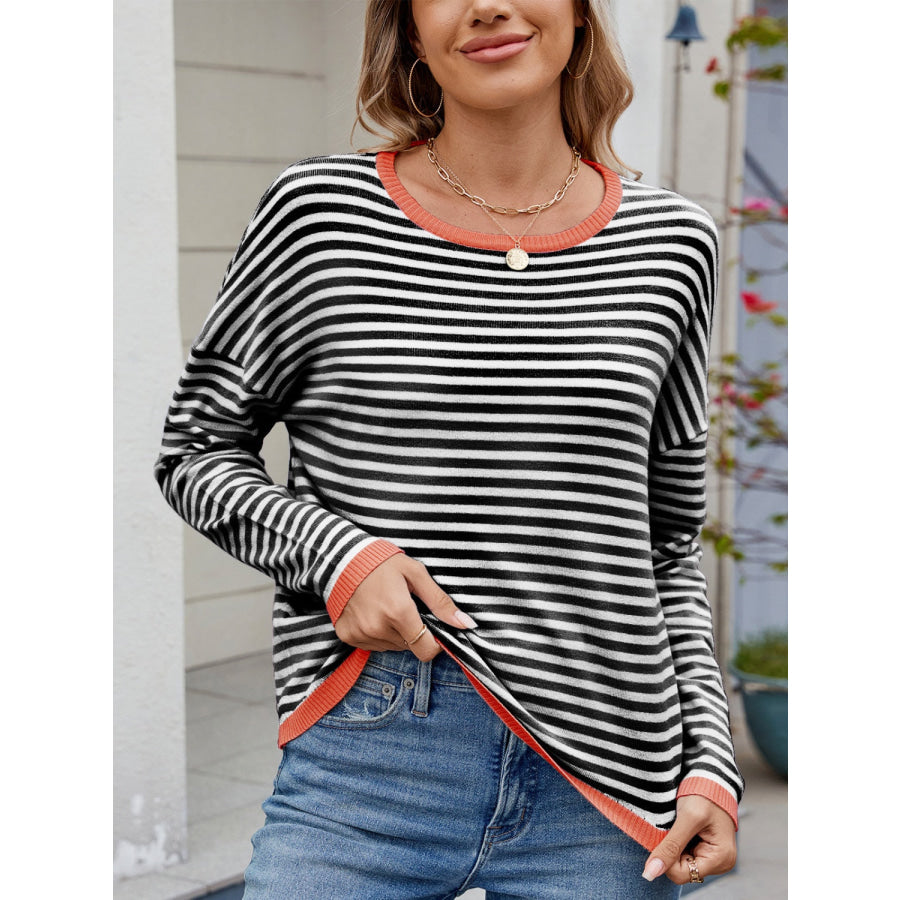 Striped Contrast Round Neck Long Sleeve Sweater Apparel and Accessories